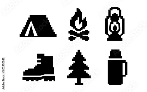 Pixel art camping icons: tent, campfire, lantern, hiking boot, tree, thermos