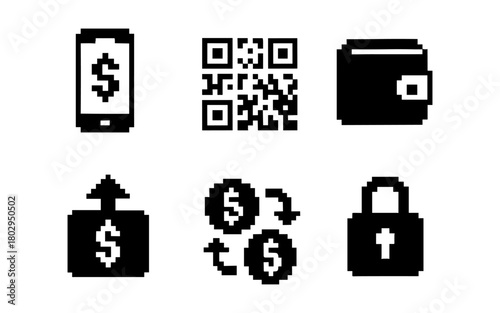 Pixel style money and finance icons set featuring mobile transactions and secure payments