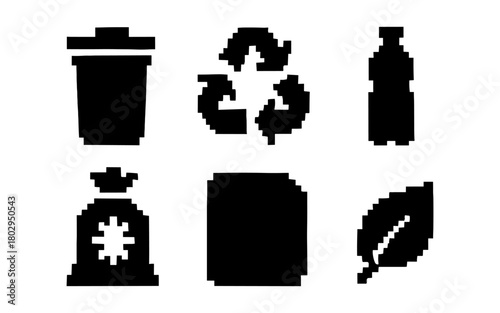 Recycling and waste silhouettes set: bin, bag, bottle, and leaf icons