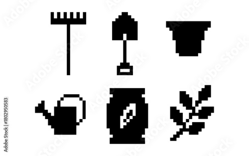 Minimalist pixel art gardening icons collection