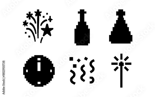 Pixel art celebration icons: fireworks, bottle, and party elements