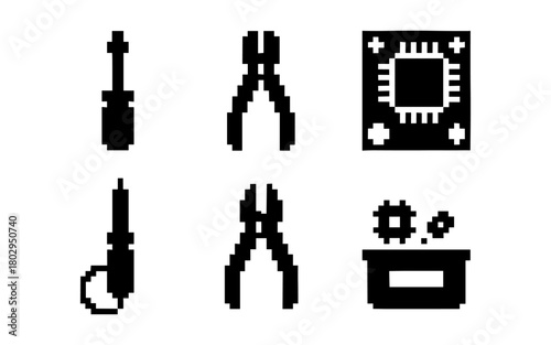 Pixel art tools and technology icons for digital projects
