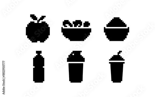 Pixel art food and drink icons: apple, salad, rice, water bottle, shaker, smoothie