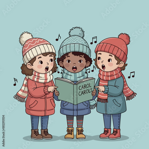 Children singing Christmas carols together in winter season.