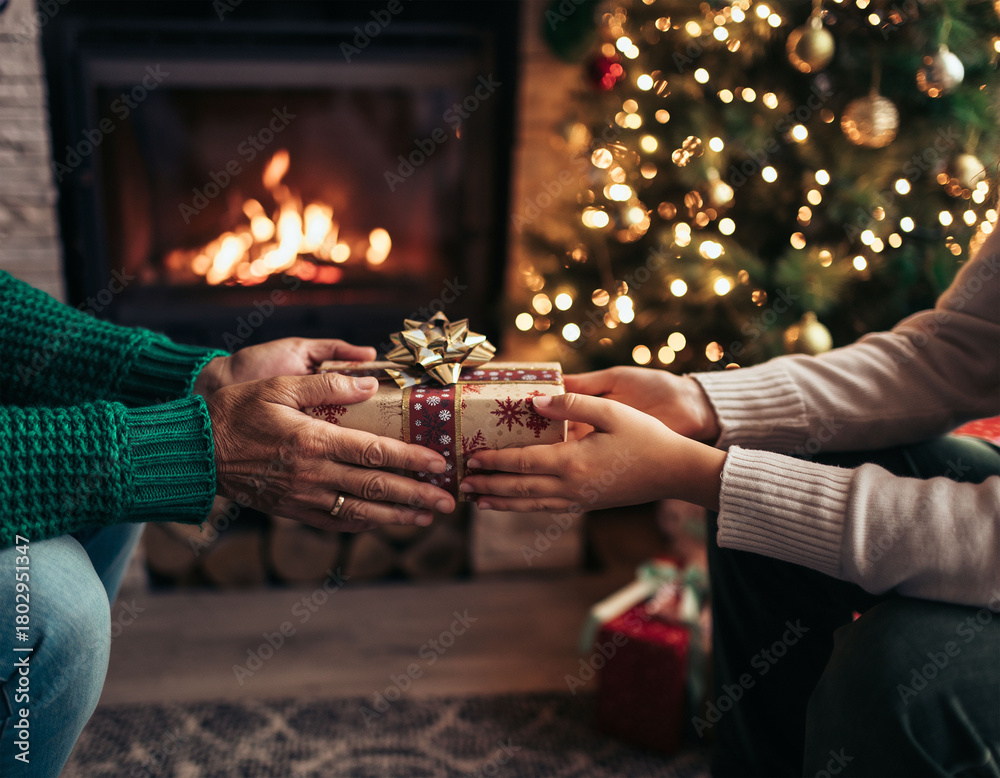 Obraz premium Intercambio de regalo de Navidad frente a la chimenea en un hogar acogedor
