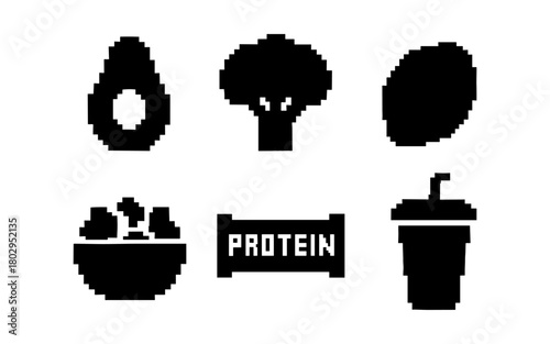 Pixel art healthy food icons: avocado, broccoli, lemon, salad, protein, smoothie