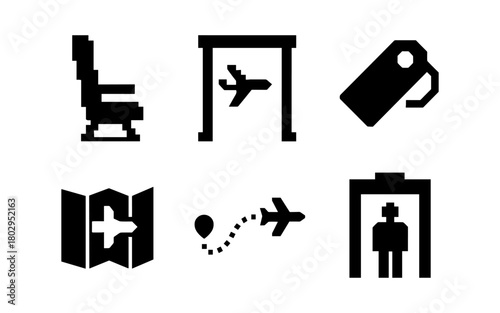 Airport travel icons: simple black silhouettes representing aviation and transportation concepts