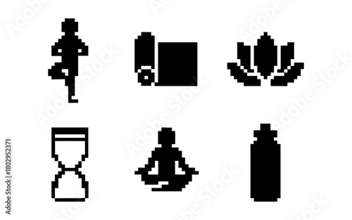 Pixel art yoga icons: meditation, fitness, and wellness symbols