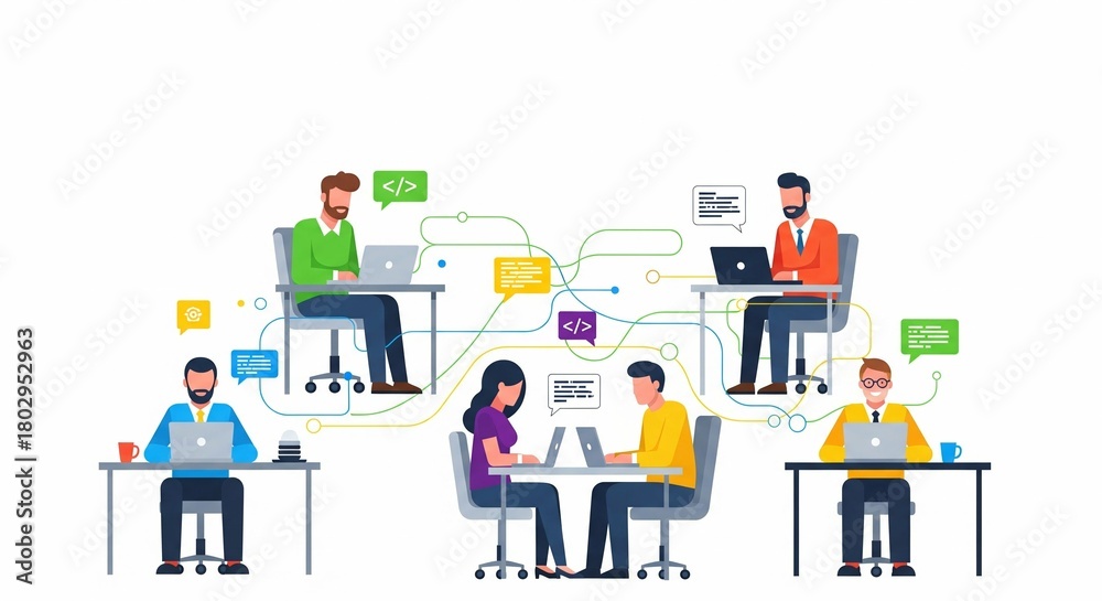 Fototapeta premium Diverse Team Collaborating on Laptops in a Modern Open-Plan Office