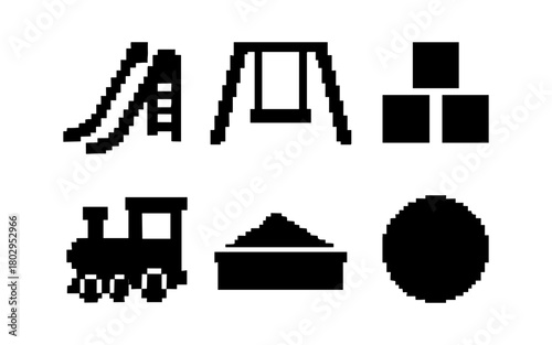 Minimalist playground icons: slides, swings, and toys in pixel art design