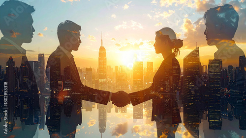 朝日夕日の中の都市オフィスで交渉と握手を交わす多様なビジネスパートナーがきらきら輝き希望と成功を感じる瞬間