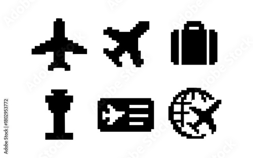 Pixel art travel icons: airplane, luggage, boarding pass, control tower, globe