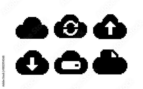 Pixel art cloud icons set featuring upload, download, and sync symbols