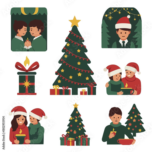 Christmas Celebration with Couples and Decorated Trees.