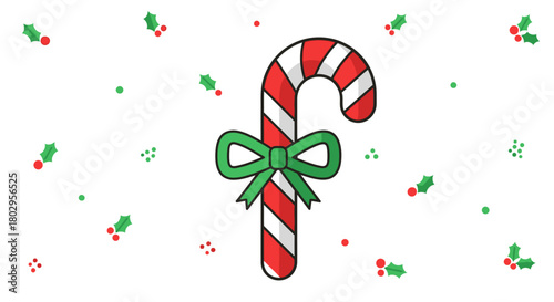Festive Candy Cane with Holly Berries and Bow - A Whimsical Christmas Decoration Illustration