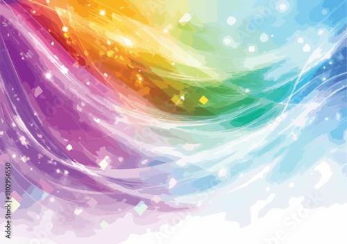 무지개 빛깔의 추상적인 배경에 반짝이는 빛과 부드러운 곡선이 어우러져 몽환적인 분위기를 연출합니다.