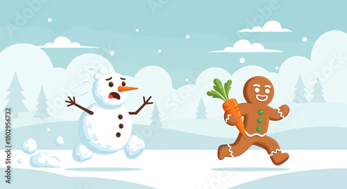 Gingerbread Man Chases Snowman With Carrot Nose in Winter Snowfall