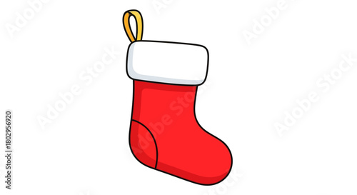A classic red Christmas stocking with a white cuff and a yellow loop for hanging, perfect for holiday decorations and gifting