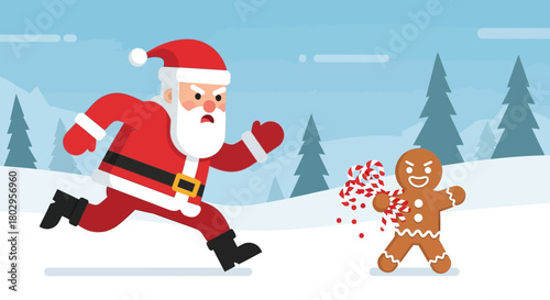 Santa Claus in pursuit of a Gingerbread Man in a snowy landscape with pine trees