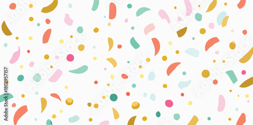 생동감 넘치는 파스텔 톤의 불규칙한 조각들과 작은 점들이 흰색 배경 위에 흩뿌려진 듯한 현대적이고 추상적인 패턴으로, 축제 분위기나 창의적인 디자인 프로젝트에 이상적인 배경입니다.