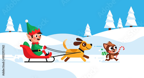 Festive Elf Riding a Sleigh Pulled by a Dog and a Cat on a Snowy Hillside with Christmas Trees