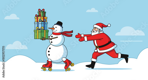 Santa Claus chasing a roller-skating snowman carrying Christmas gifts through a winter landscape