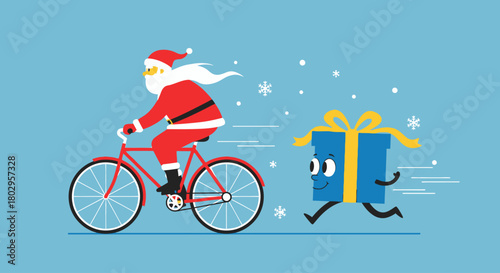 Santa Claus Cycling with a Gift Box on a Blue Background with Snowflakes
