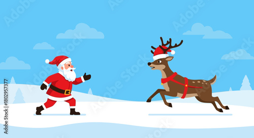 Santa Claus and a reindeer running towards each other in a snowy landscape
