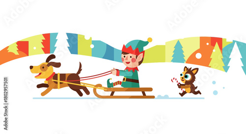 Festive Holiday Sleigh Ride Adventure with Elf and Puppy Through Snowy Winter Wonderland