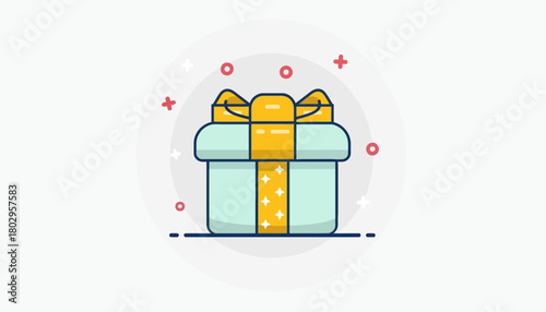 A beautifully illustrated light blue gift box with a yellow ribbon, symbolizing presents and celebrations, set against a subtle dotted background