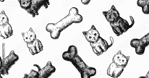 사랑스러운 손그림 고양이와 뼈다귀가 반복되는 흑백 패턴으로, 반려동물 관련 다양한 디자인 프로젝트에 활용할 수 있는 벡터 이미지입니다.