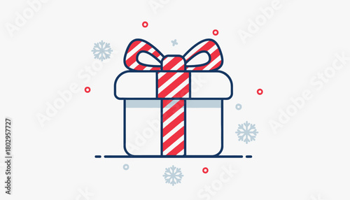 Festive Holiday Gift Box with Red and White Stripes, Surrounded by Snowflakes, Perfect for Christmas and Winter Celebrations