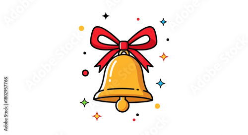 A festive golden bell adorned with a bright red bow, surrounded by sparkling stars and colorful confetti, symbolizing celebration and joy