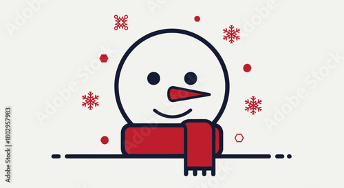 Festive Snowman Character Wearing a Red Scarf Surrounded by Snowflakes, Symbolizing Winter Holidays and Celebrations
