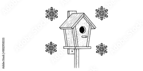 Scandinavian Wooden Birdhouse and Geometric Snowflakes Vector