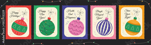 Collection of five decorative holiday postage stamps featuring festive baubles and cheerful greetings in a bright color palette. Perfect for packaging, greeting cards, stickers and banners.