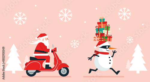 A joyful Christmas scene featuring Santa Claus delivering presents on a scooter while a playful snowman carries a stack of gifts