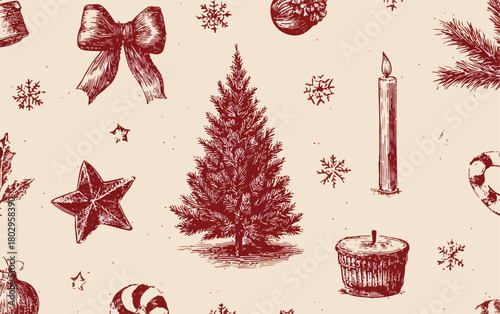 크리스마스 트리, 종, 별, 눈송이 등 다양한 명절 상징이 손으로 그린 빈티지 스케치 스타일로 어우러진 따뜻한 분위기의 벡터 패턴입니다.