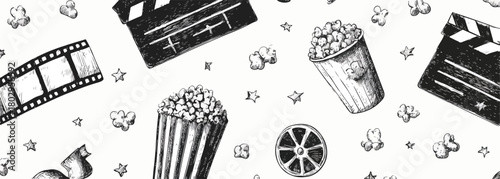 영화와 엔터테인먼트 산업을 연상시키는 클래식한 필름 스트립, 팝콘, 슬레이트 보드 요소들이 흑백 스케치로 표현된 벡터 패턴 배경입니다.