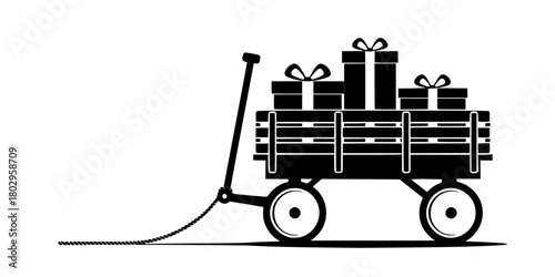 Vintage Children's Wagon with Gifts Flat Vector Silhouette