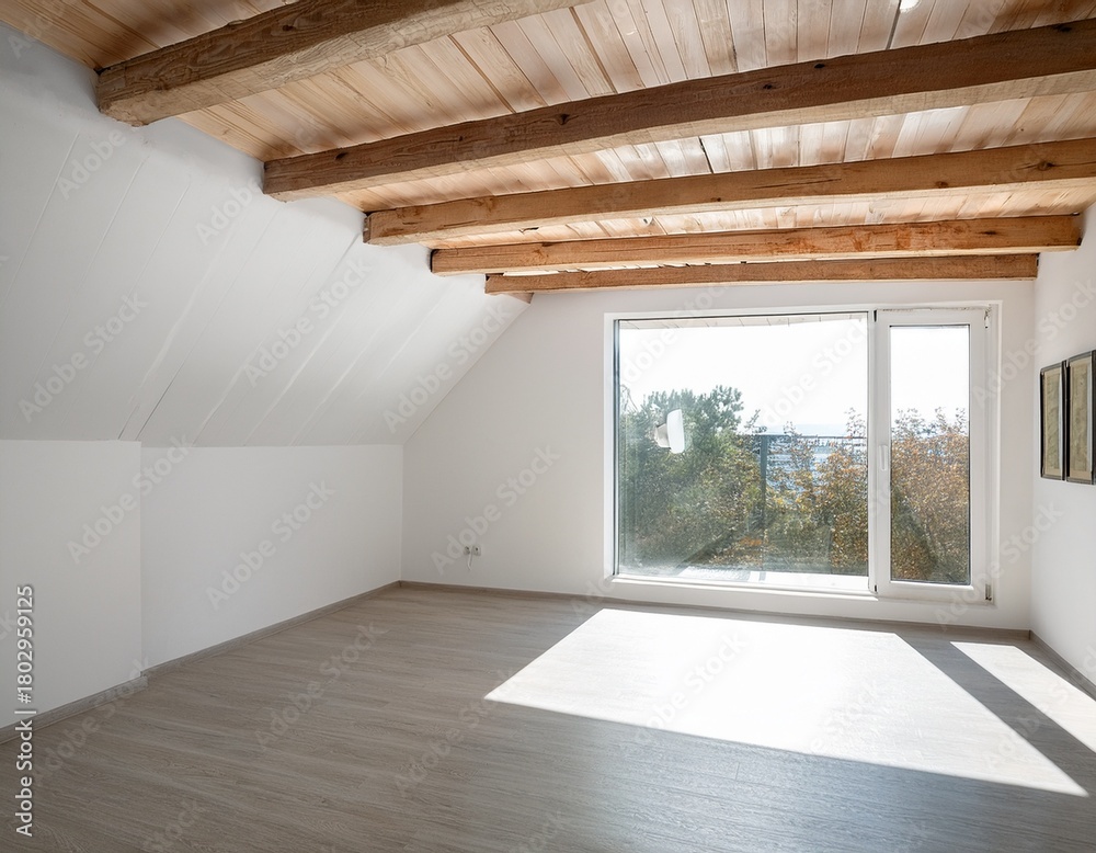 Obraz premium white interior with wooden beam and skylight