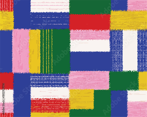 생동감 넘치는 다양한 색상의 크레용 질감 블록들이 반복되는 추상적인 기하학적 벡터 패턴 배경으로, 어린이 테마 디자인에 이상적입니다.