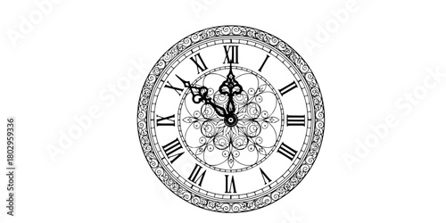 Vintage Clock Face 11:59 PM New Year Outline Vector