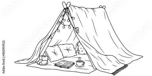 Cozy Blanket Fort Tent Simple Outline Line Art Vector