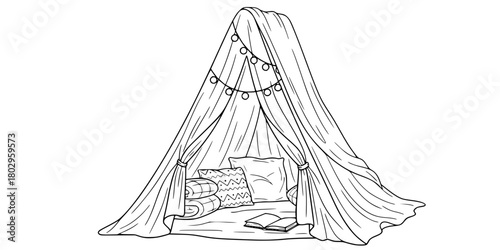 Cozy Blanket Fort Tent Simple Outline Line Art Vector