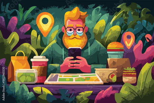 다채로운 식물과 위치 아이콘 속에서 스마트폰으로 음식 배달을 주문하는 현대인의 모습을 담은 활기찬 벡터 아트입니다.