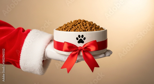 Santa Claus arm presenting dog bowl wrapped with red ribbon, warm glowing background, festive holiday pet gift concept for seasonal promotions and ads