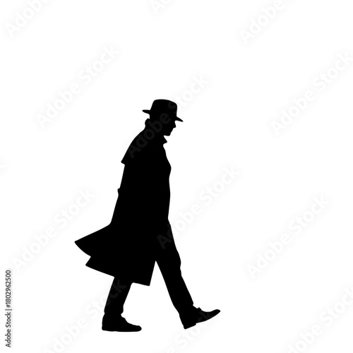 Silhouette of a man wearing a hat and coat walking against a white background in a full shot view