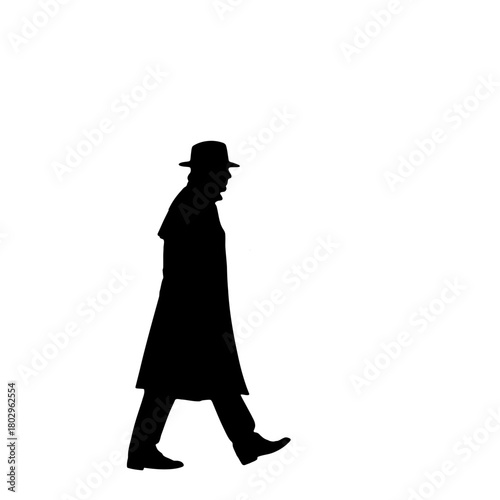 A silhouette of a man in a coat and hat walking against a white background in a side profile view