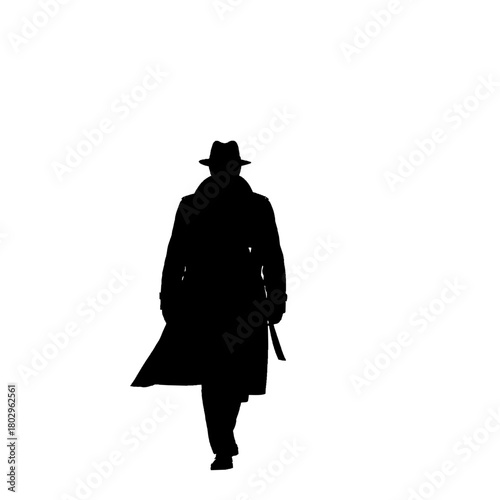 Silhouette of a person wearing a hat and trench coat walking forward on a white background in a studio